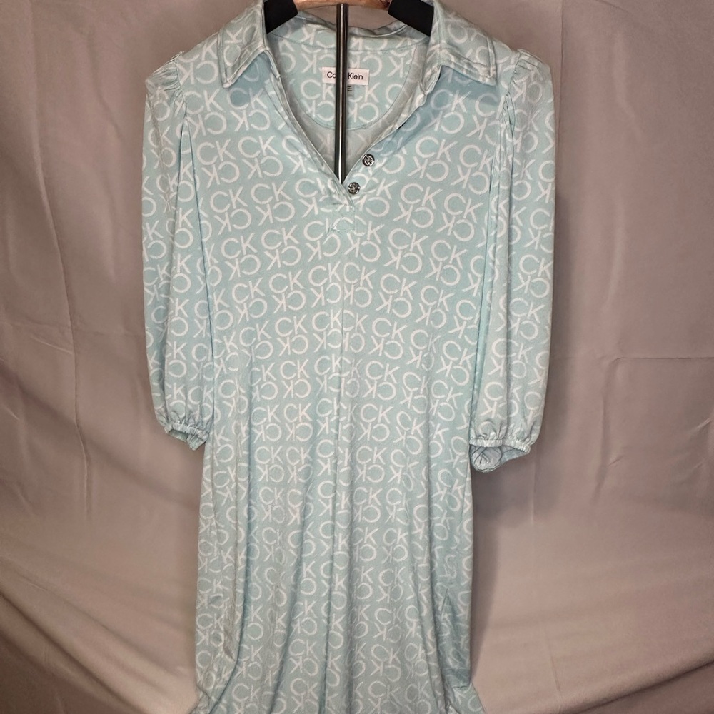 Calvin Klein Light Aqua CK Logo Dress Puff Sleeve Size 6 Golf Resort Wear